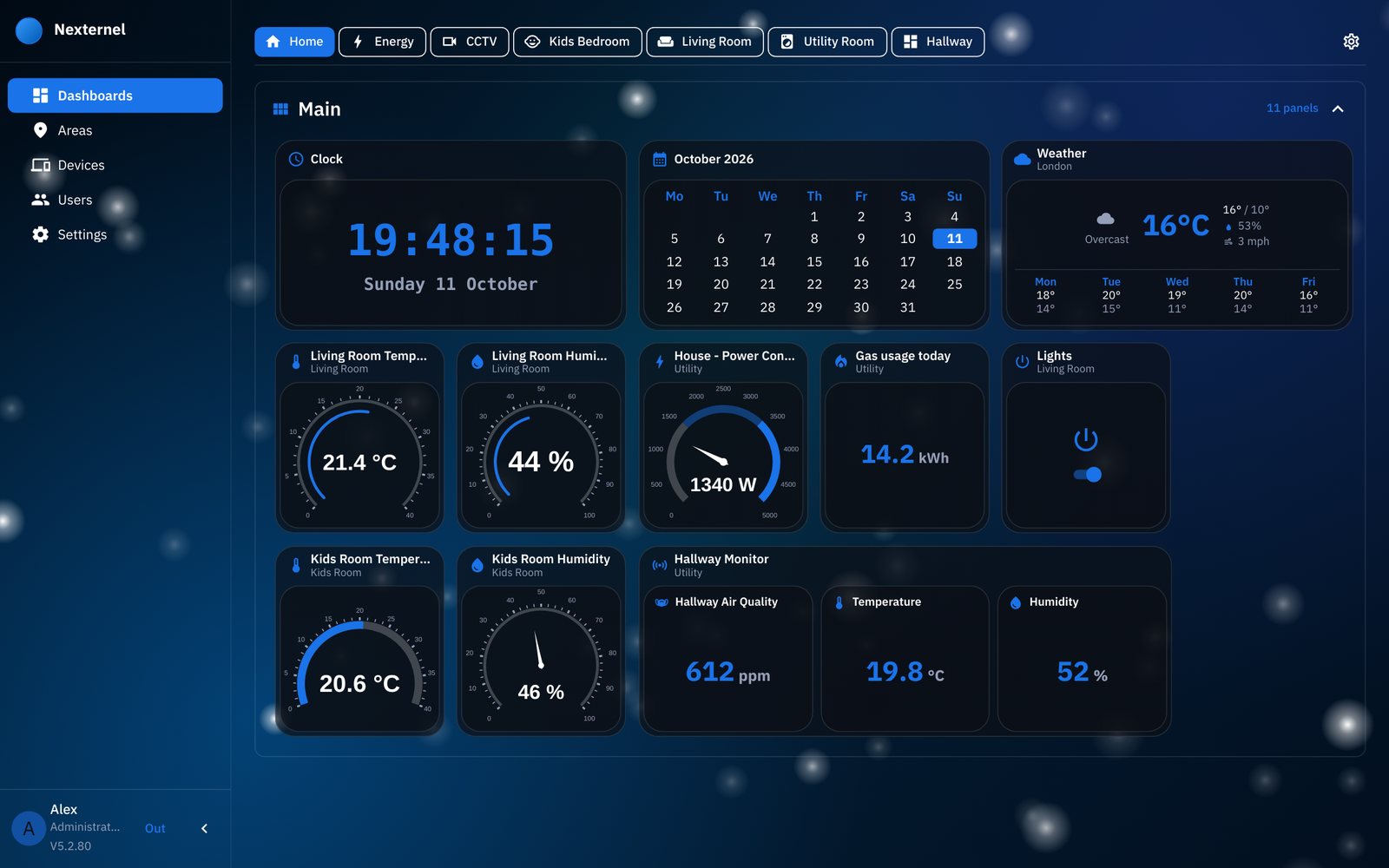 A Nexternel dashboard with clock, calendar, weather, temperature and humidity gauges, power use and a light switch