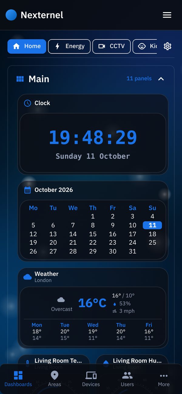 Nexternel on a phone: clock, calendar and weather panels